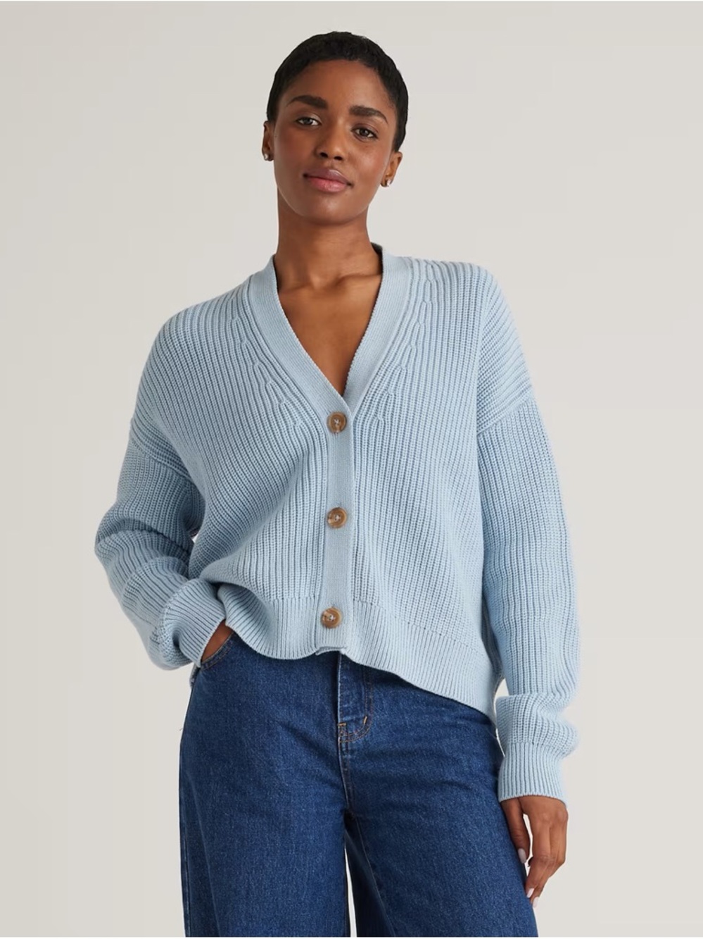 Quince Light Blue Ribbed V-Neck Button Cardigan